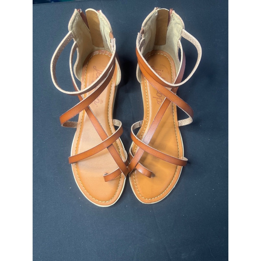 Jellypop Etti Tan Strappy Gladiator Sandals Women 9M J14ACSM Flat Toe Loop Zip
